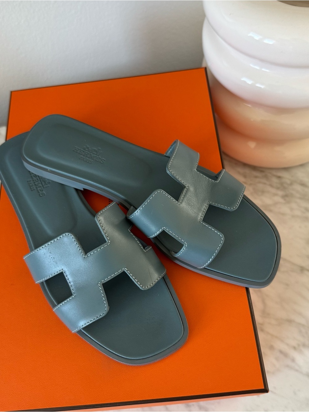 Hermes Women’s Oran Slide Sandals in Bleu Pinede - Picture 2 of 6